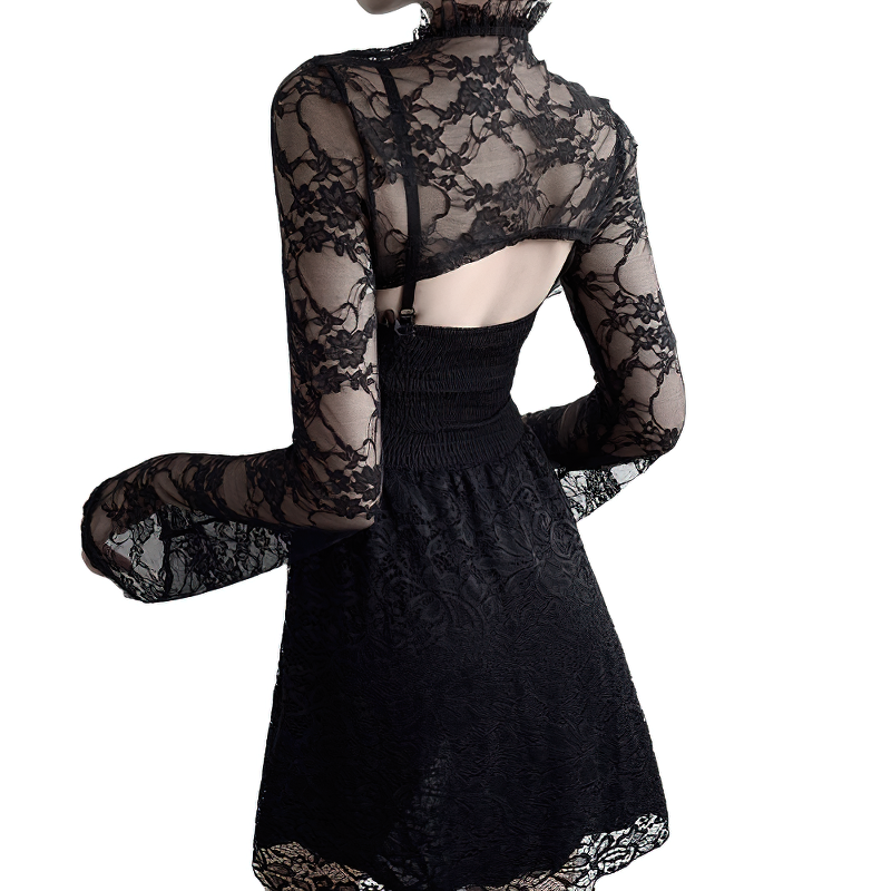 Gothic women's long sleeve lace crop top with flower embroidery details, perfect for layering or stylish occasions.