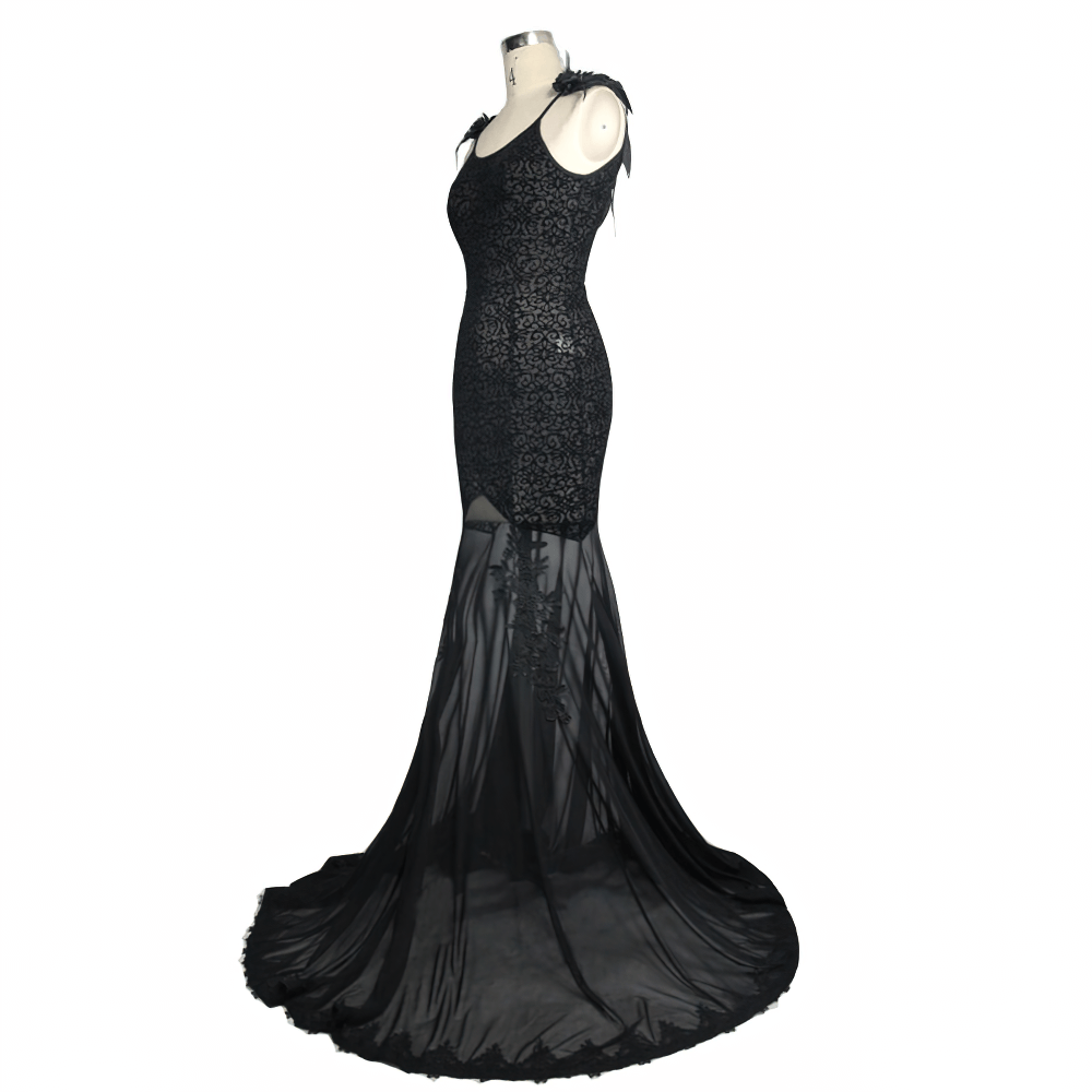 Elegant women's gothic long dress with transparent bottom and intricate embroidery in black.