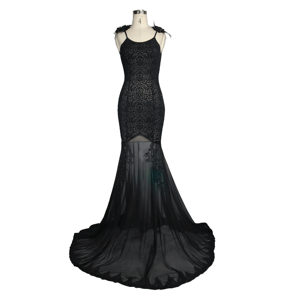 Women's Gothic Long Dress with transparent Bottom / Black Sexy Backless Dresses with Embroidery Women's Gothic Long Dress with transparent Bottom / Black Sexy Backless Dresses with Embroidery