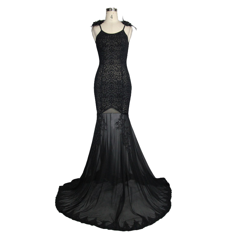 Women's Gothic Long Dress with transparent Bottom / Black Sexy Backless Dresses with Embroidery - HARD'N'HEAVY