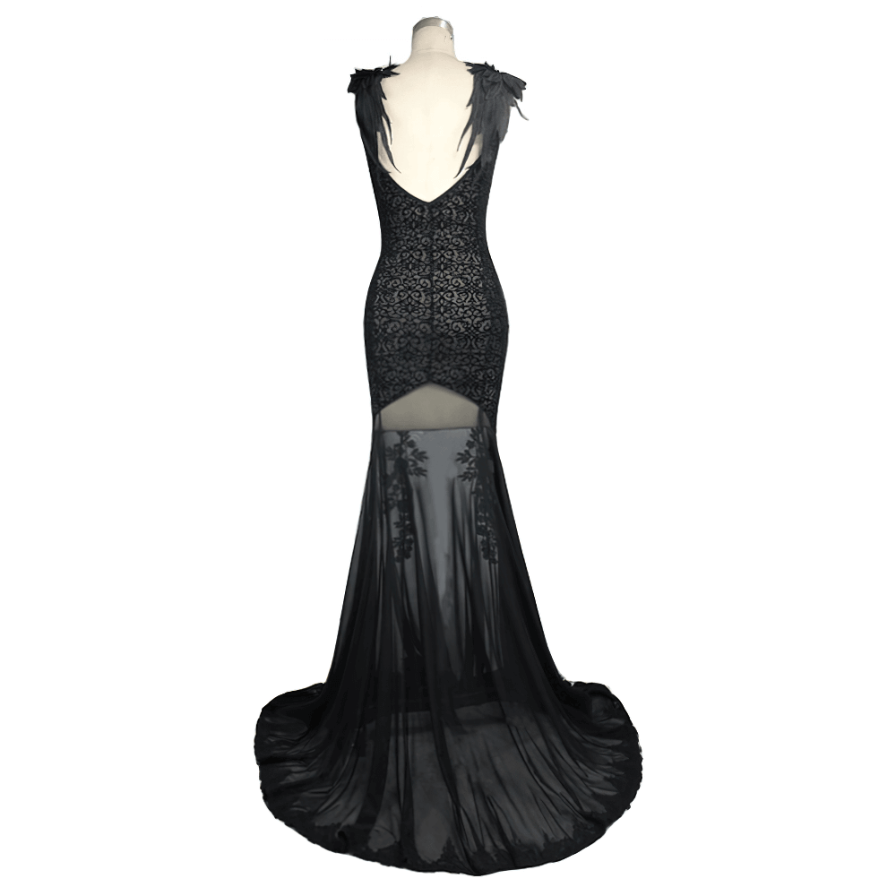 Women's Gothic Long Dress with transparent Bottom / Black Sexy Backless Dresses with Embroidery Women's Gothic Long Dress with transparent Bottom / Black Sexy Backless Dresses with Embroidery
