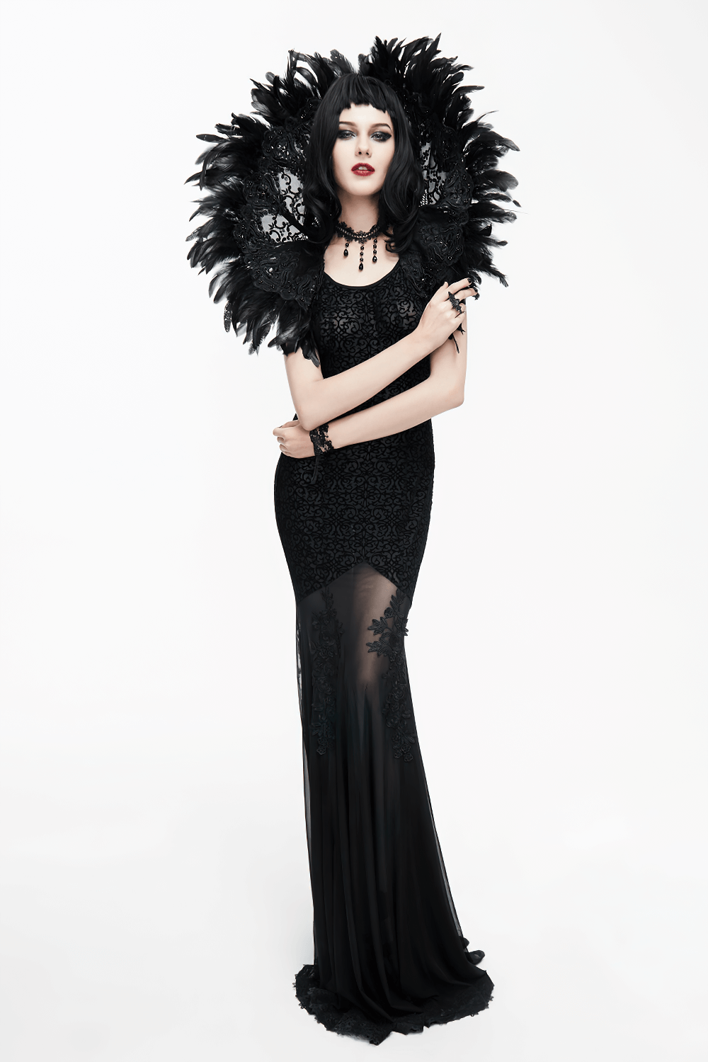 Elegant women's gothic long dress with transparent bottom, featuring dramatic feather accessories and intricate embroidery.