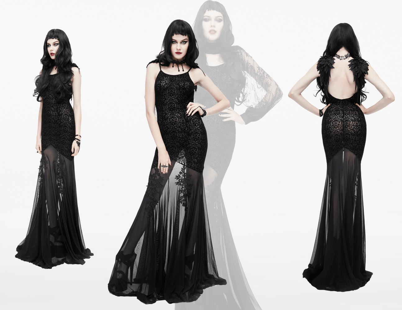 Elegant women's gothic long dress with transparent bottom and backless design, showcasing intricate embroidery details.