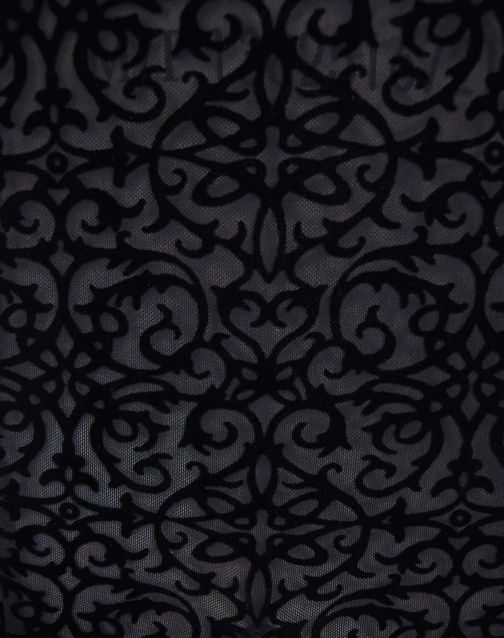 Elegant black gothic fabric with intricate floral embroidery design, perfect for a long dress.