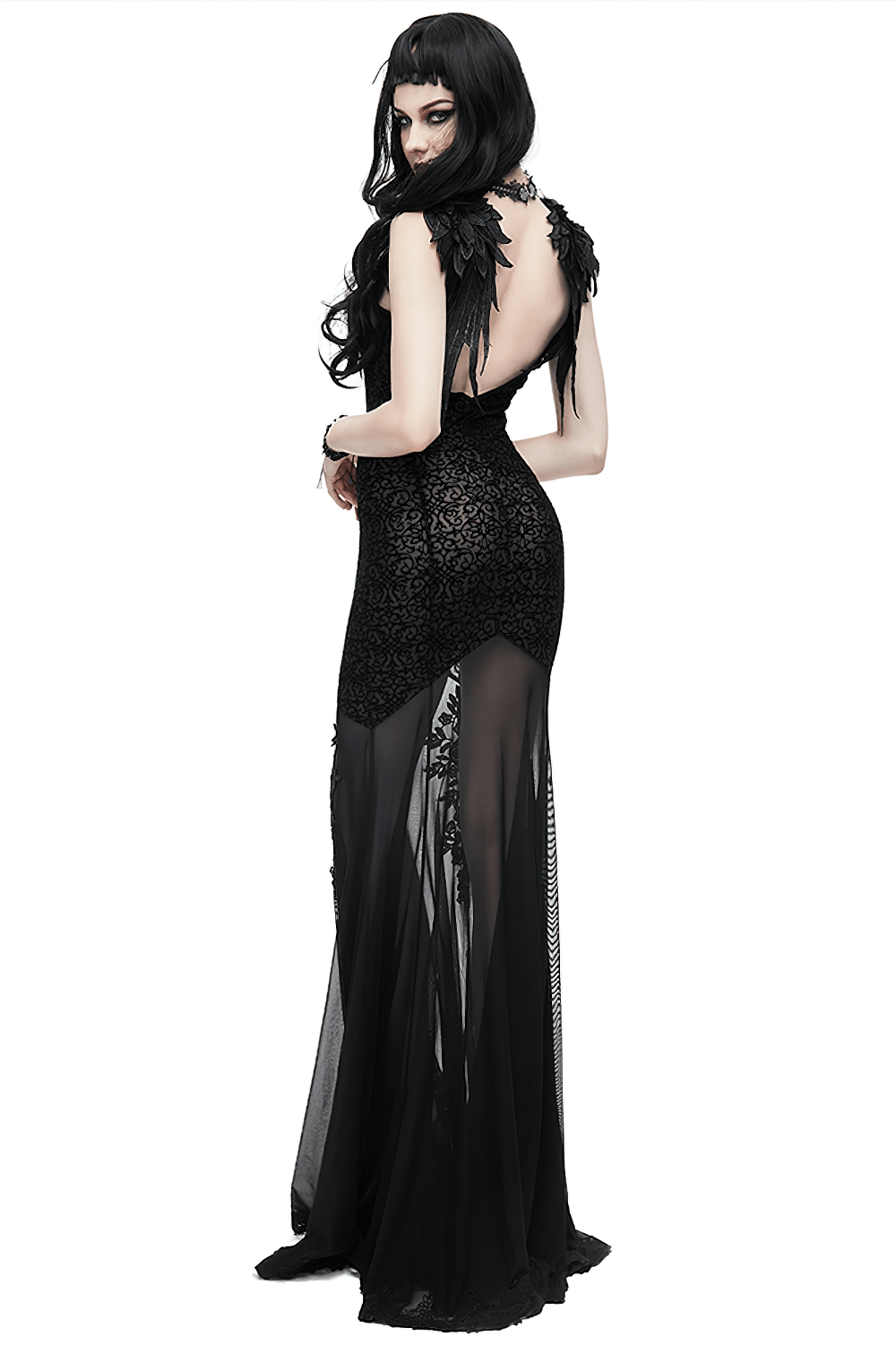 Women's Gothic Long Dress with transparent Bottom / Black Sexy Backless Dresses with Embroidery - HARD'N'HEAVY