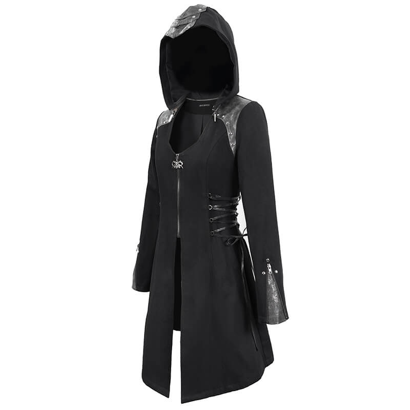 Women's Gothic Long Sleeve Coat With Detachable Hooded / Fashionable Black Fitted Coats with Zipper - HARD'N'HEAVY