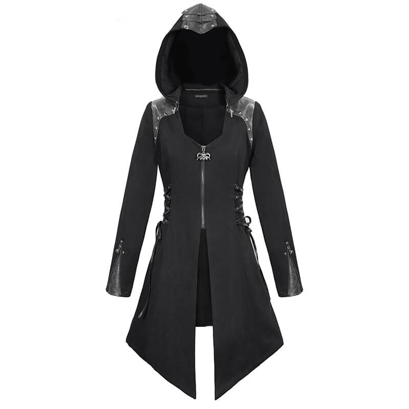 Women's Gothic Long Sleeve Coat With Detachable Hooded / Fashionable Black Fitted Coats with Zipper - HARD'N'HEAVY