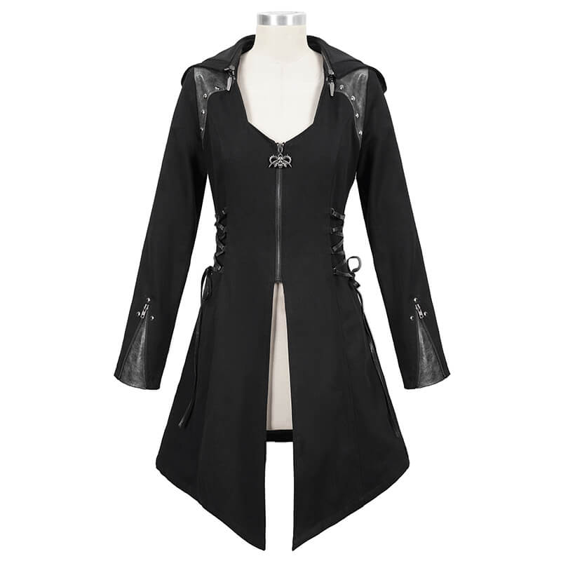 Women's Gothic Long Sleeve Coat With Detachable Hooded / Fashionable Black Fitted Coats with Zipper - HARD'N'HEAVY