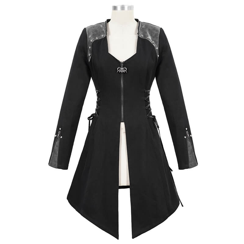 Women's Gothic Long Sleeve Coat With Detachable Hooded / Fashionable Black Fitted Coats with Zipper - HARD'N'HEAVY