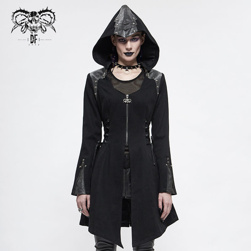 Women's Gothic Long Sleeve Coat With Detachable Hooded / Fashionable Black Fitted Coats with Zipper - HARD'N'HEAVY