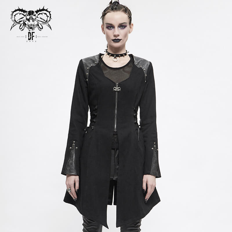 Women's Gothic Long Sleeve Coat With Detachable Hooded / Fashionable Black Fitted Coats with Zipper - HARD'N'HEAVY