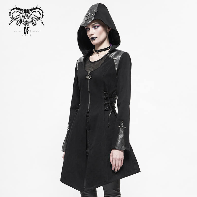 Women's Gothic Long Sleeve Coat With Detachable Hooded / Fashionable Black Fitted Coats with Zipper - HARD'N'HEAVY