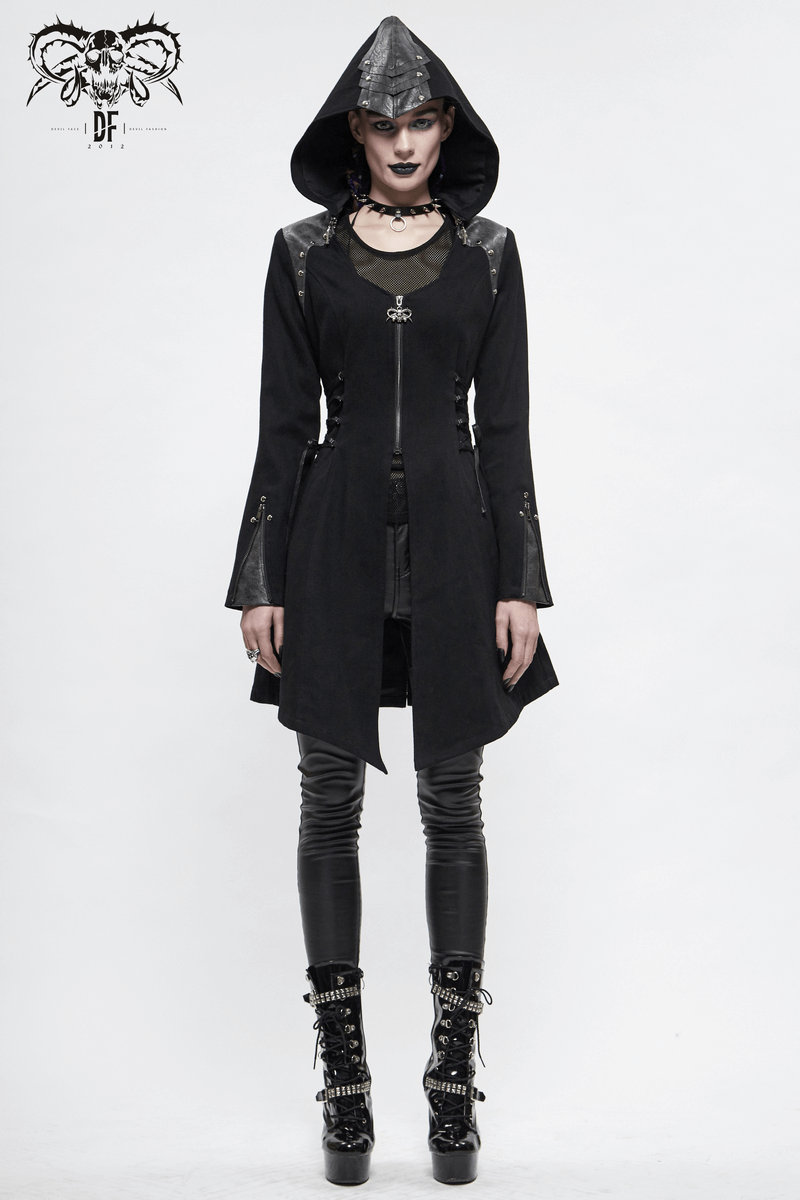 Women's Gothic Long Sleeve Coat With Detachable Hooded / Fashionable Black Fitted Coats with Zipper - HARD'N'HEAVY