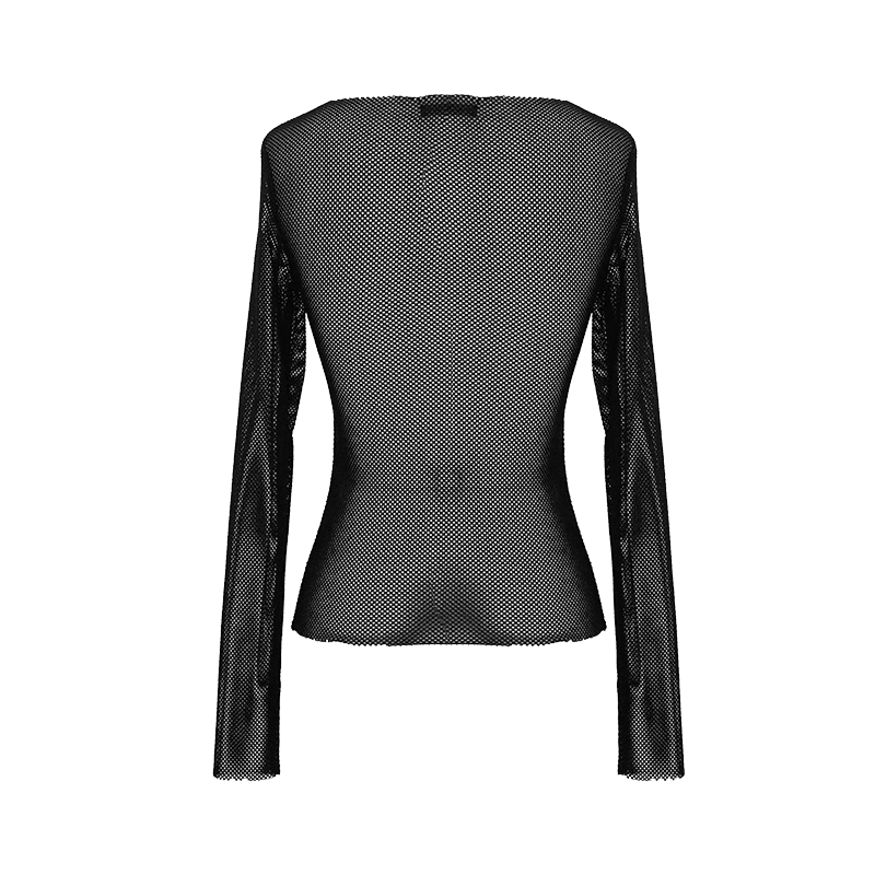 Women's Gothic Mesh Long Sleeve Top with Paws Decoration / Casual Black Slim Fit Tops - HARD'N'HEAVY