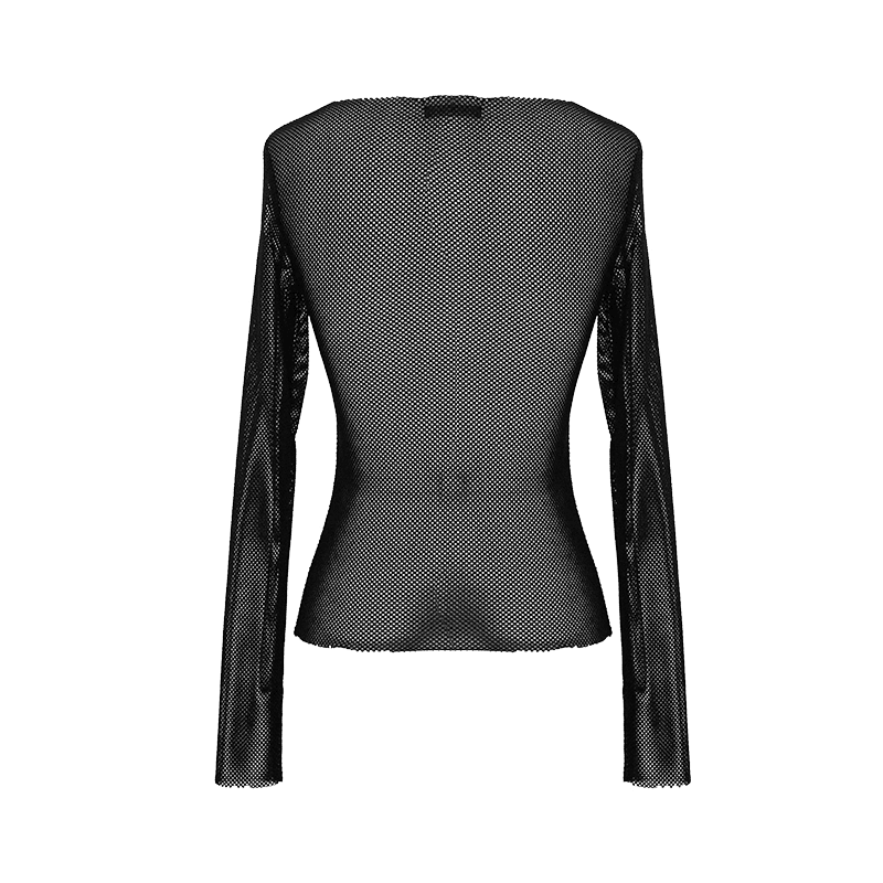 Women's black gothic mesh long sleeve top, stylish back view showcasing elegant design and paw decoration.