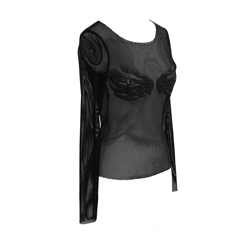 Women's gothic mesh long sleeve top with paws decoration, stylish black casual fashion statement.