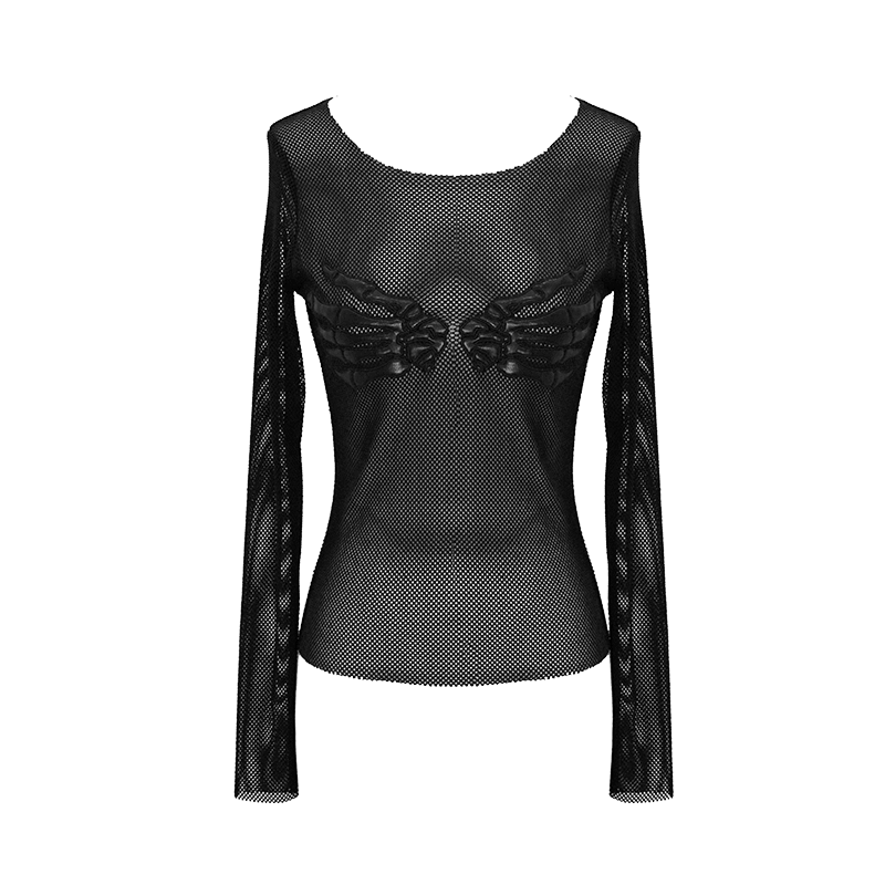 Women's Gothic Mesh Long Sleeve Top with Paws Decoration / Casual Black Slim Fit Tops - HARD'N'HEAVY