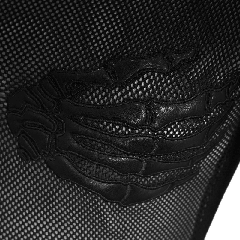 Close-up of black mesh fabric featuring gothic paws decoration, perfect for stylish outfits.