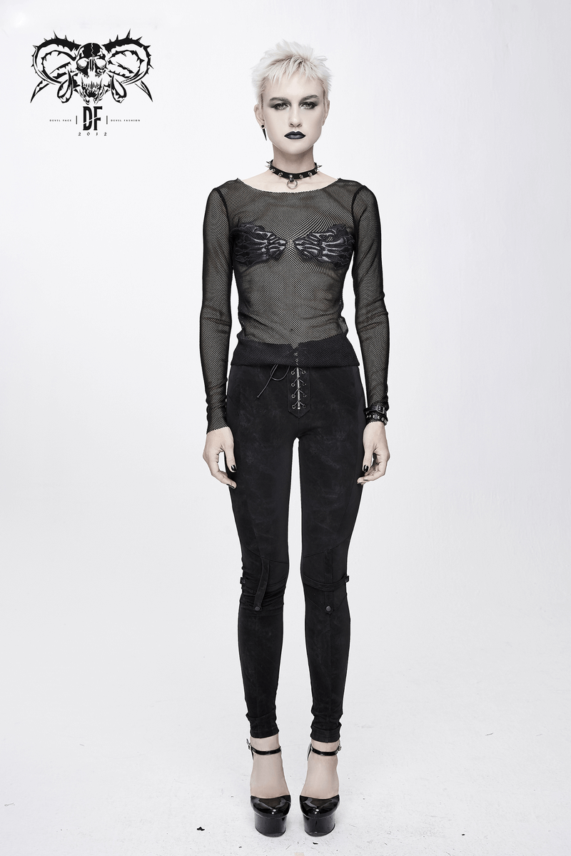 Women's gothic mesh long sleeve top with paws design, paired with stylish black slim-fit pants and heels.