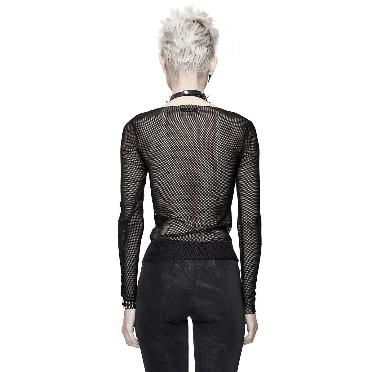 Back view of women's black gothic mesh long sleeve top, showcasing stylish paws decoration and slim fit design.
