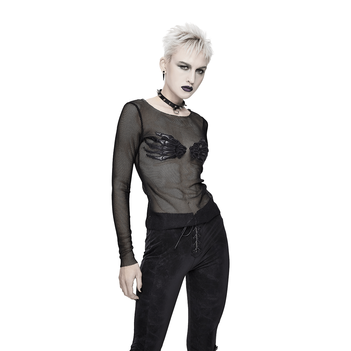 Women's gothic mesh long sleeve top with paws decoration in black, perfect for stylish gothic outfits.