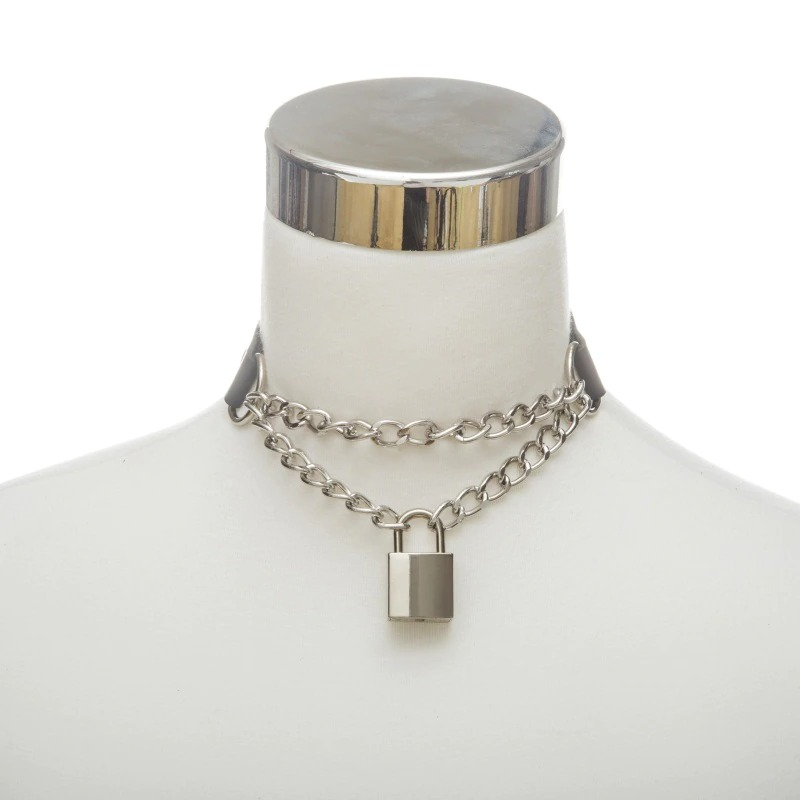Women's Gothic Padlock Pendant / Chain Necklace / Black Leather Choker Collar - HARD'N'HEAVY