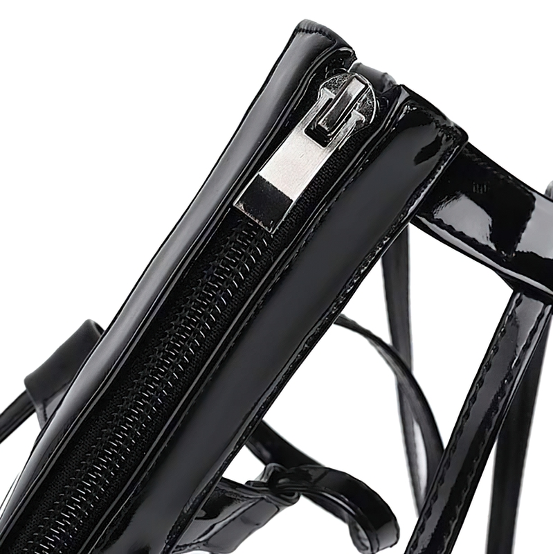 Close-up of black PU leather high sandals featuring a stylish zip detail, perfect for alternative fashion lovers.