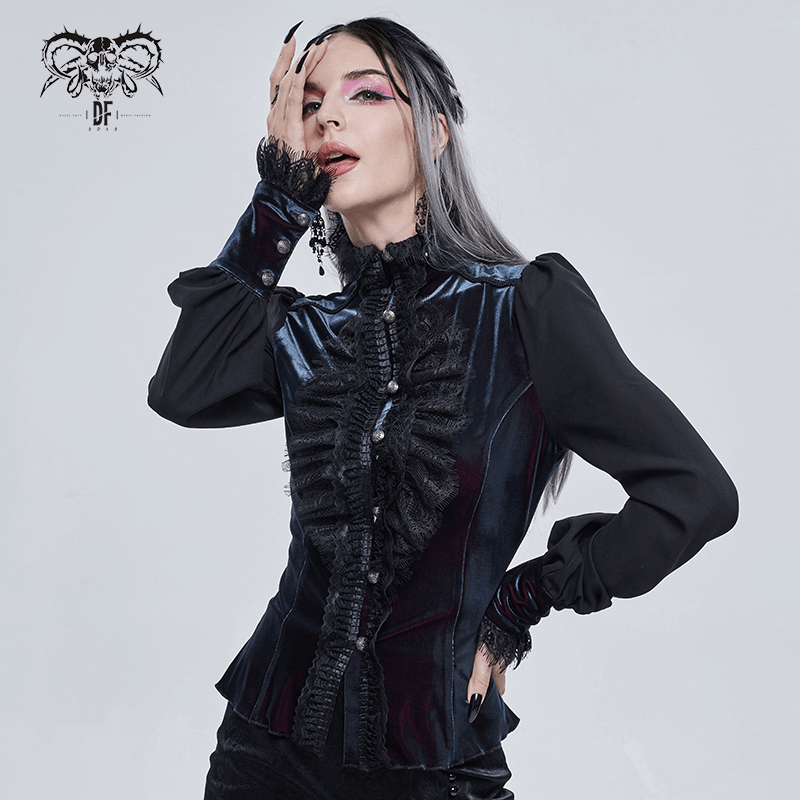 Women's Gothic Puff Sleeve Lace Splicing Shirt / Gorgeous Slim Fit Blouse with Buttons Down Front - HARD'N'HEAVY