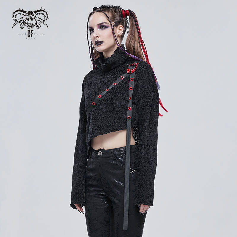 Women's Gothic Punk High Stand-Up Collar Short Sweater / Stylish Black Sweater With Belt & Buckle - HARD'N'HEAVY