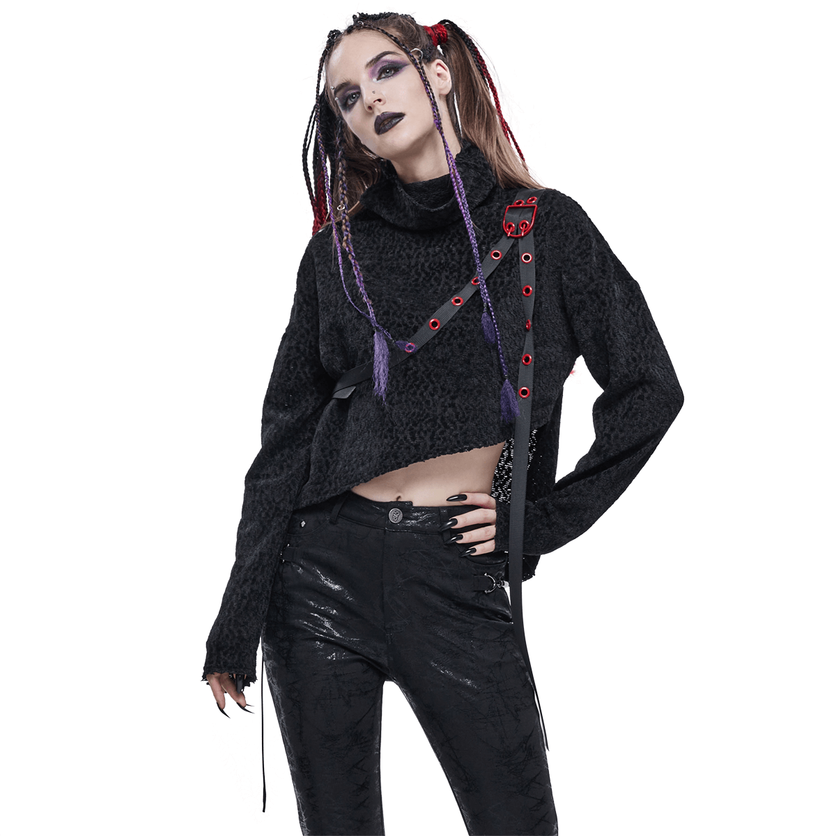 Women's Gothic Punk High Stand-Up Collar Short Sweater / Stylish Black Sweater With Belt & Buckle - HARD'N'HEAVY