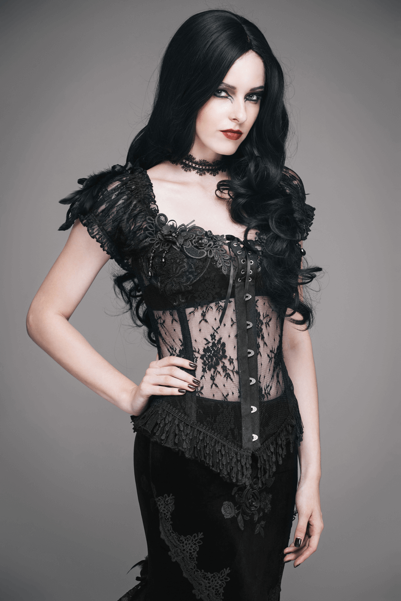 Women's Gothic See Through Lace Up Corset With Feather & Flowers / Elegant Sexy Lace Black Corsets - HARD'N'HEAVY