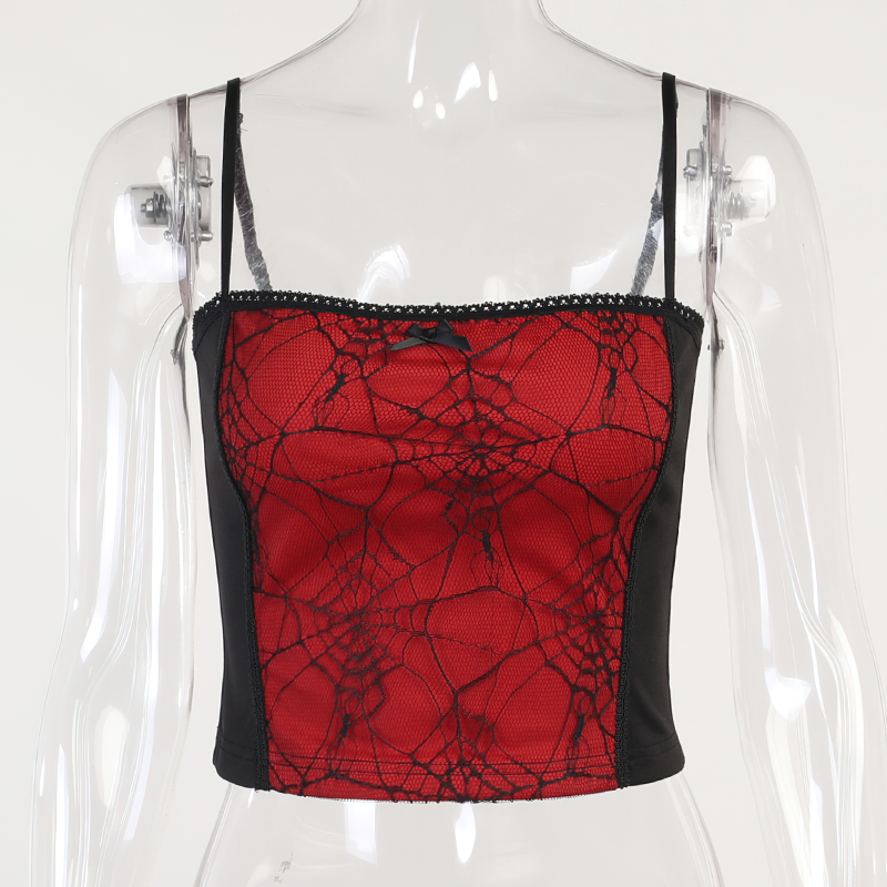 Women's Gothic sleeveless patchwork crop top featuring black and red lace spider web design.