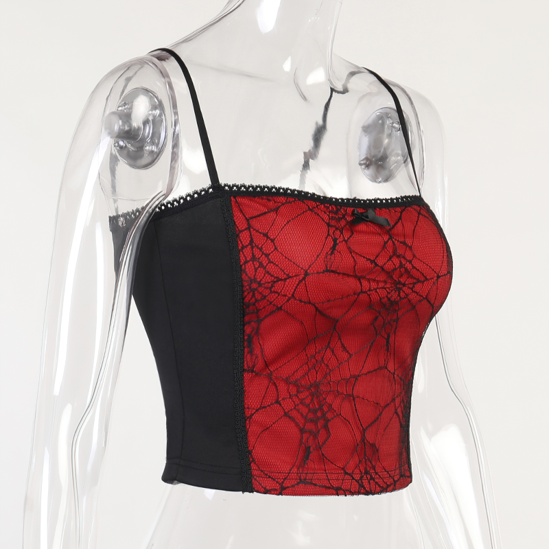 Women's Gothic sleeveless patchwork crop top in black and red with spider web design for a vintage grunge look.