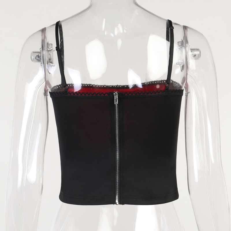 Back view of women's gothic sleeveless patchwork crop top with lace trim and zip closure in black and red.