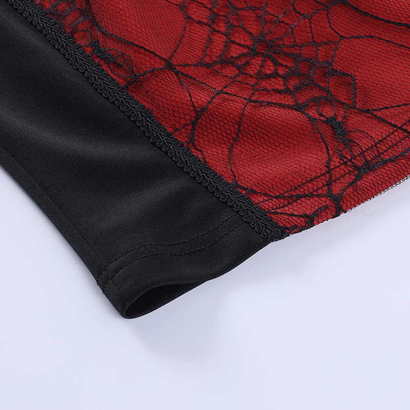 Close-up of women's gothic sleeveless crop top featuring black lace spider web design on red fabric.