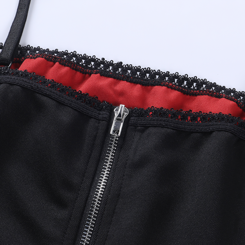 Close-up of women's Gothic sleeveless crop top featuring a lace trim and zipper, black and red design.