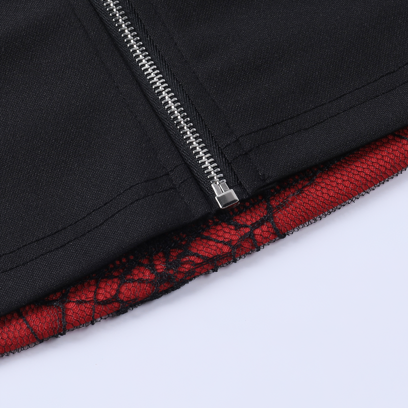 Close-up of women's gothic sleeveless crop top showcasing black fabric and red lace spider web design.