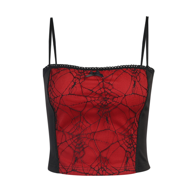 Women's Gothic sleeveless patchwork crop top in black and red with lace spider web design.