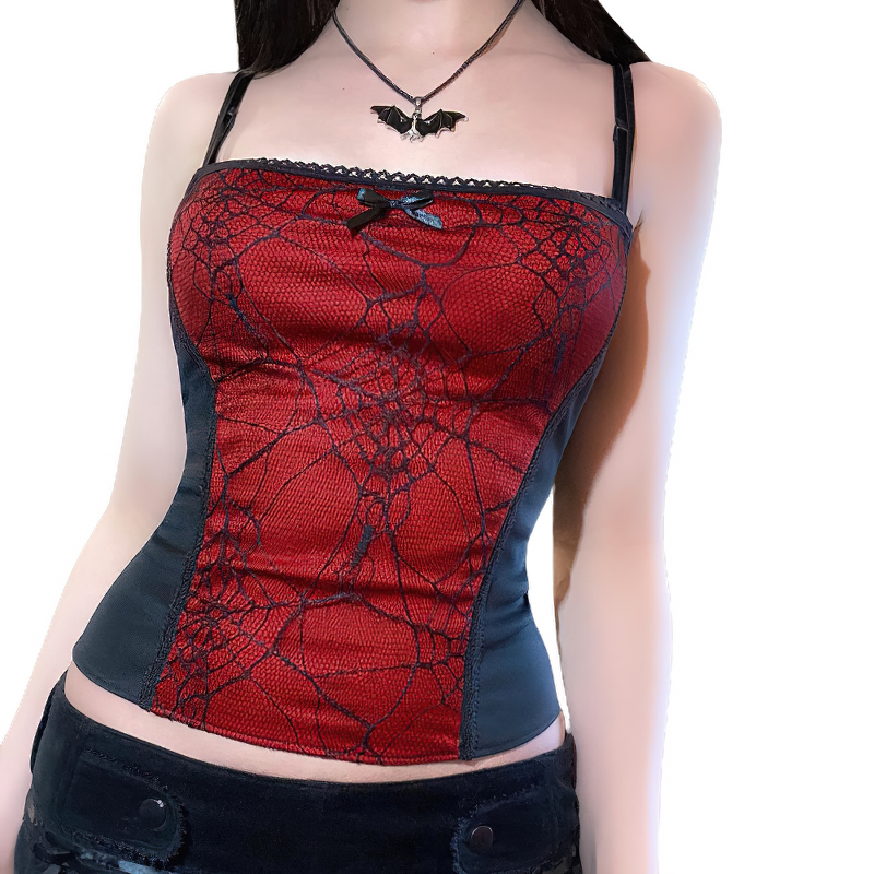 Women's Gothic sleeveless patchwork crop top in black and red with lace spider web design.
