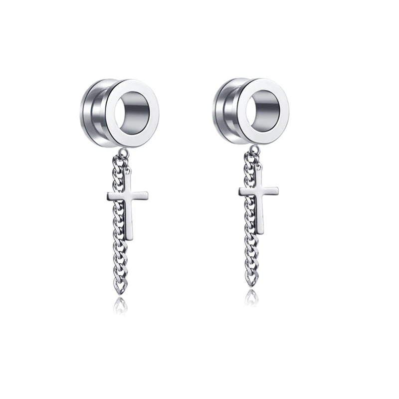 Gothic stainless steel tunnels with chain and cross design, perfect trendy earrings for women.