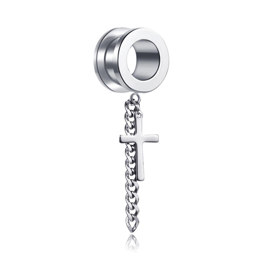 Women's gothic stainless steel tunnel earring with a dangling chain and cross charm, trendy accessory for stylish looks.