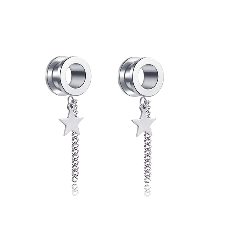 Trendy women's gothic stainless steel earrings with star charm and chain design, perfect for an aesthetic look.