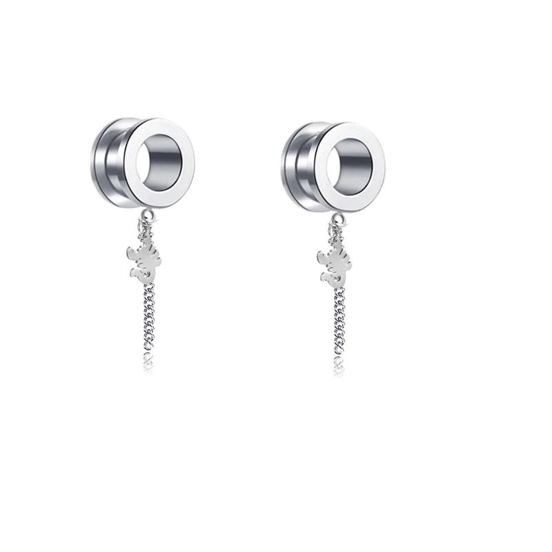 Trendy women's gothic stainless steel tunnels with dangling charm, perfect for a stylish ear aesthetic.