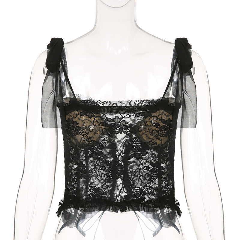 Elegant black lace camisole with lace-up design and sheer sleeves, perfect for a casual gothic style outfit.