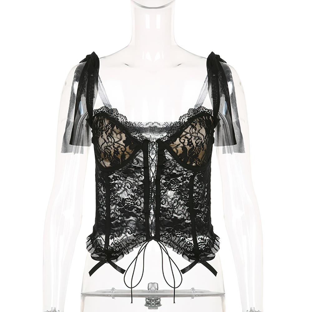 Elegant women's gothic black lace-up camis with sheer lace and ribbon ties, perfect for a stylish casual look.