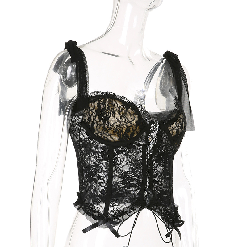Elegant women's black lace corset top with delicate straps and lace details, perfect for a gothic-inspired look.