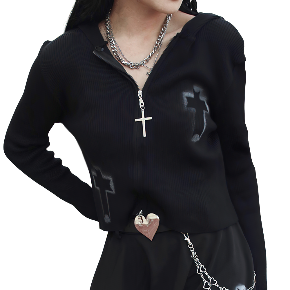 Stylish woman in a black zipper sweater with cross design, perfect for modern casual outfits.