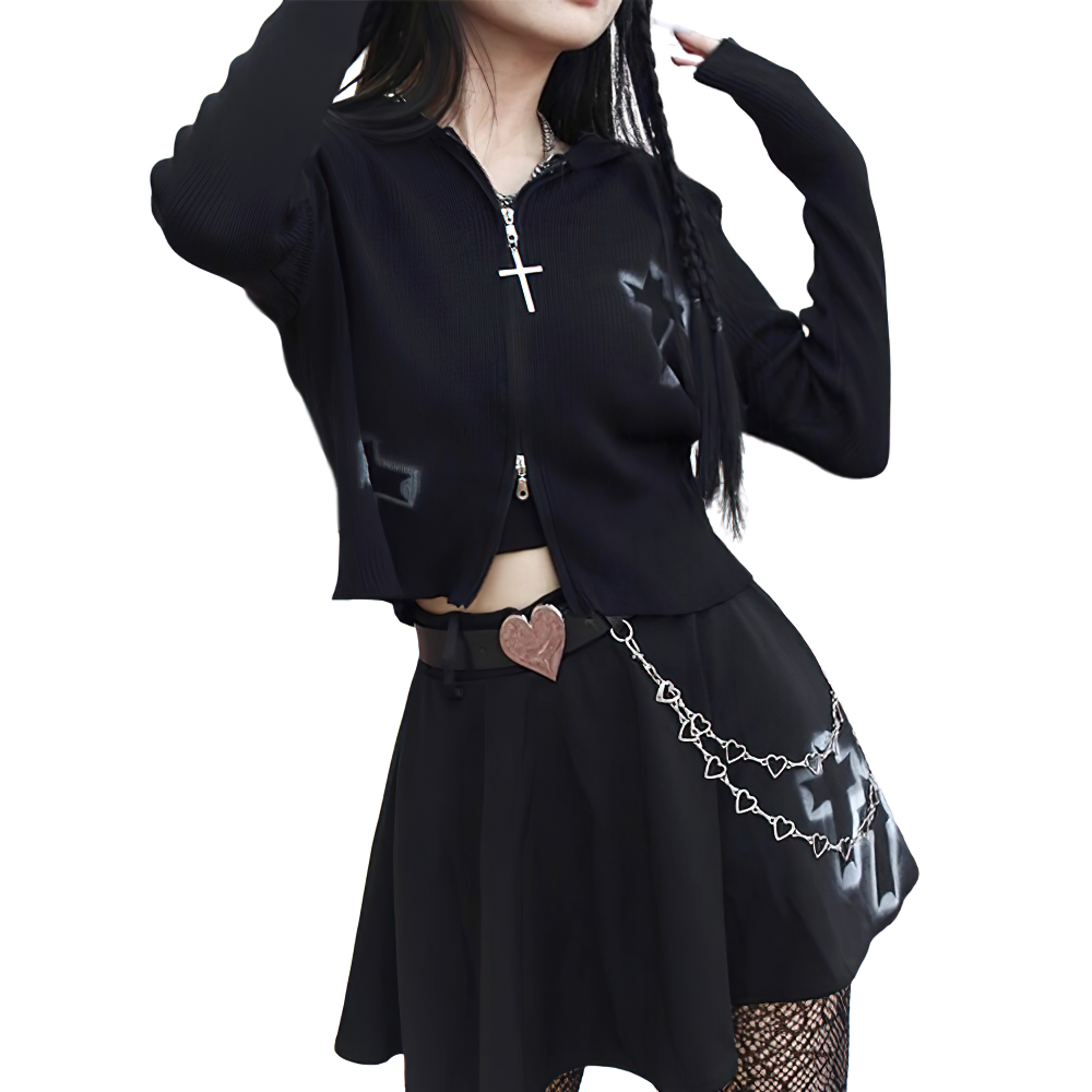 Stylish woman in a black gothic zipper sweater with cross, paired with a chic skirt, showcasing modern casual fashion.