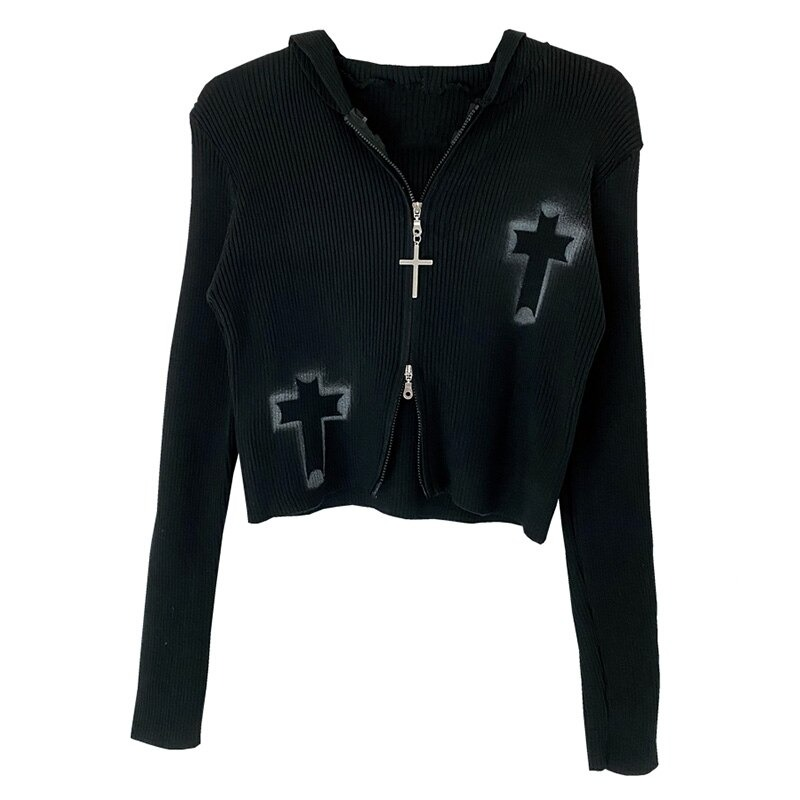 Women's Gothic black zipper sweater with cross detail, perfect for modern casual style and versatile outfits.