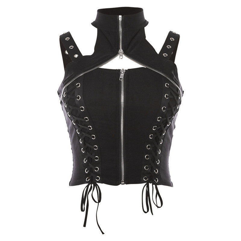 Women's Gothic sleeveless top with front zip, lace-up sides, and high collar for a rock-inspired look.